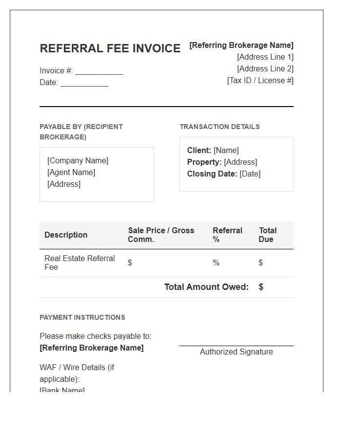 Real Estate Referral Fee Invoice Template