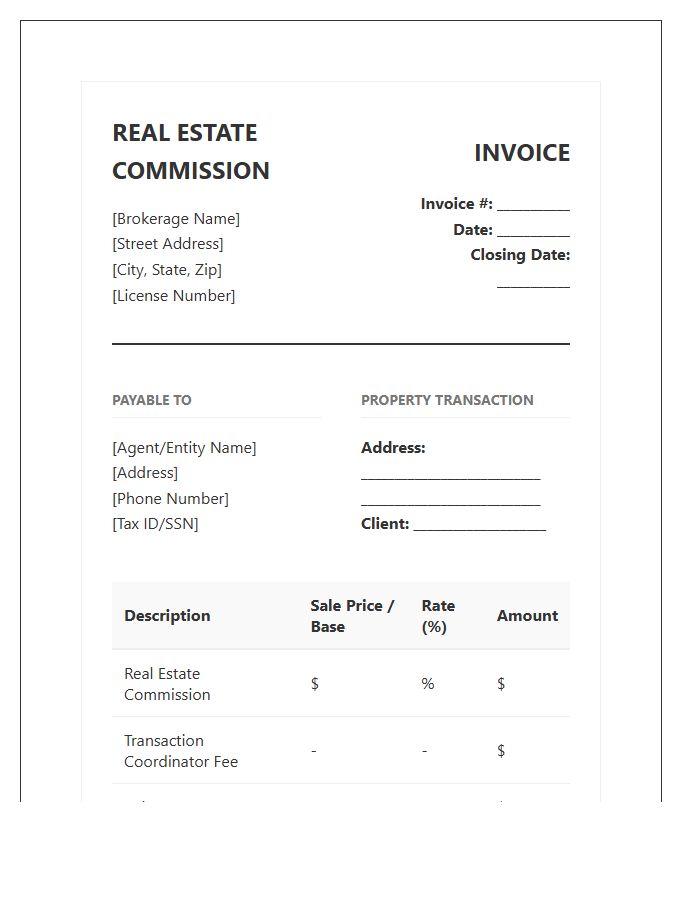 Real Estate Transaction Commission Invoice Template