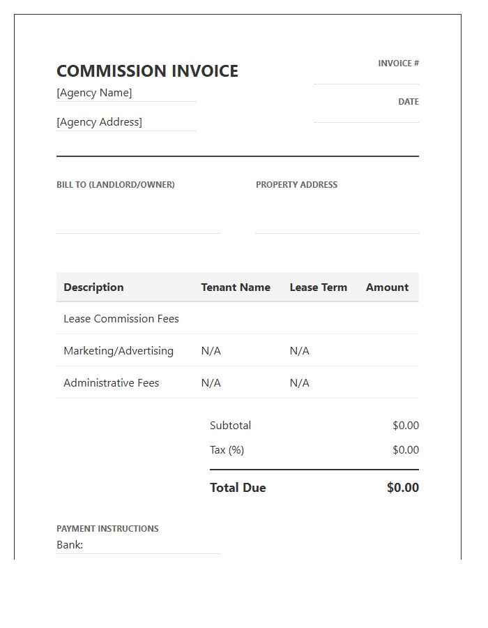 Rental Property Commission Invoice Template