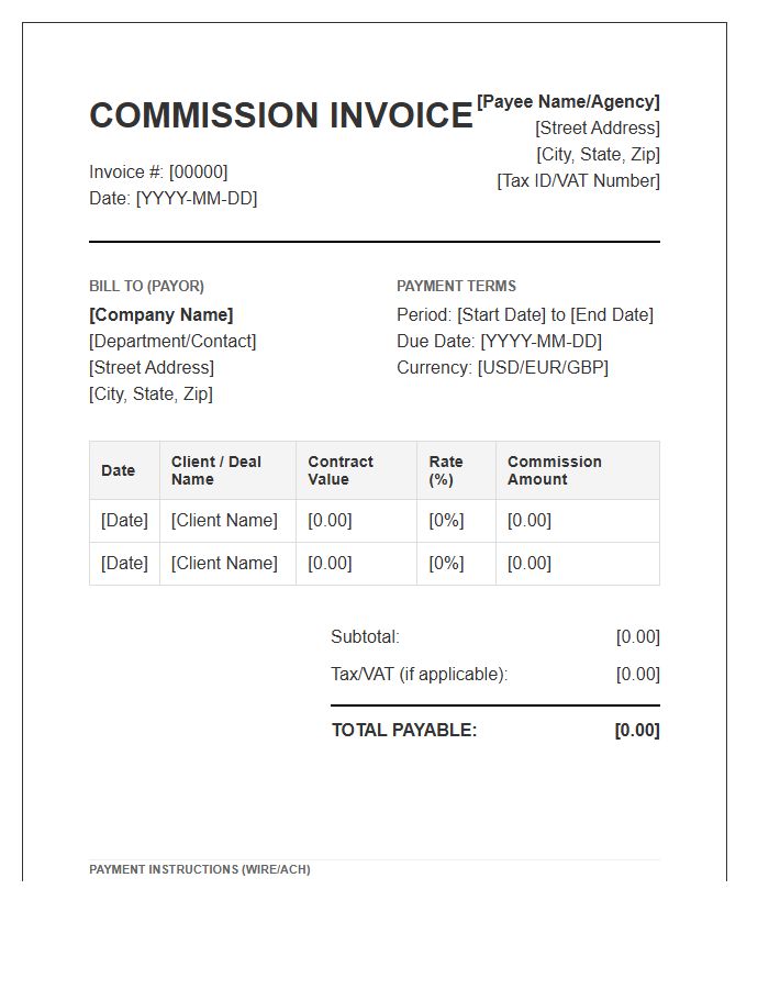 B2B Sales Commission Payout Invoice Template