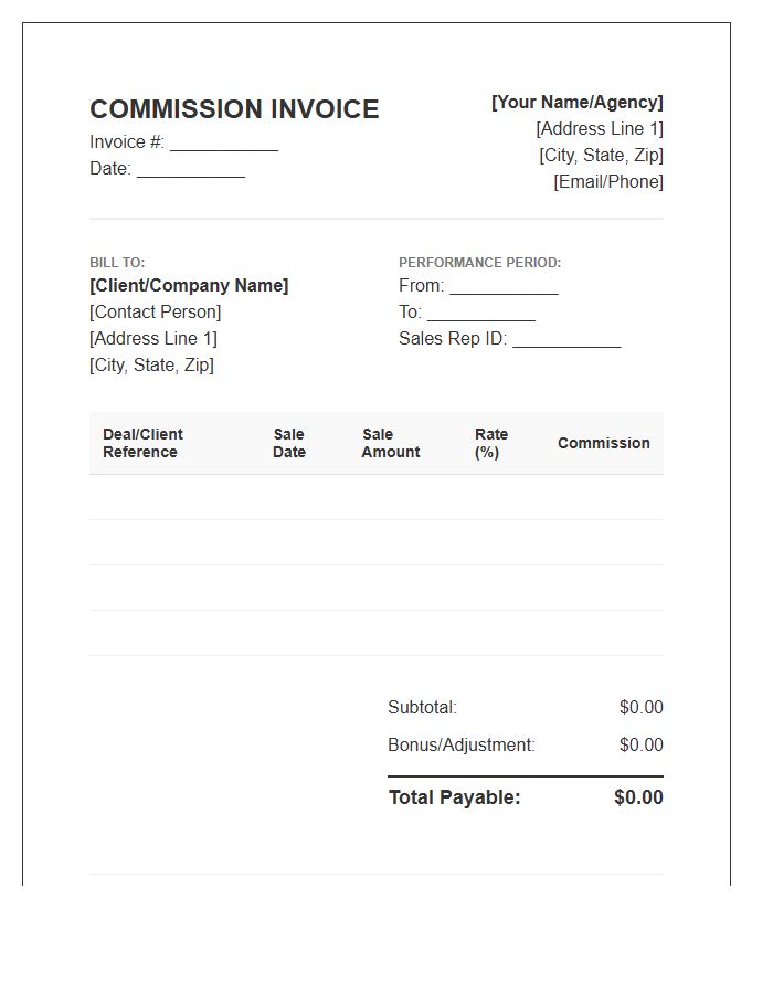 Performance Based Sales Commission Invoice Template