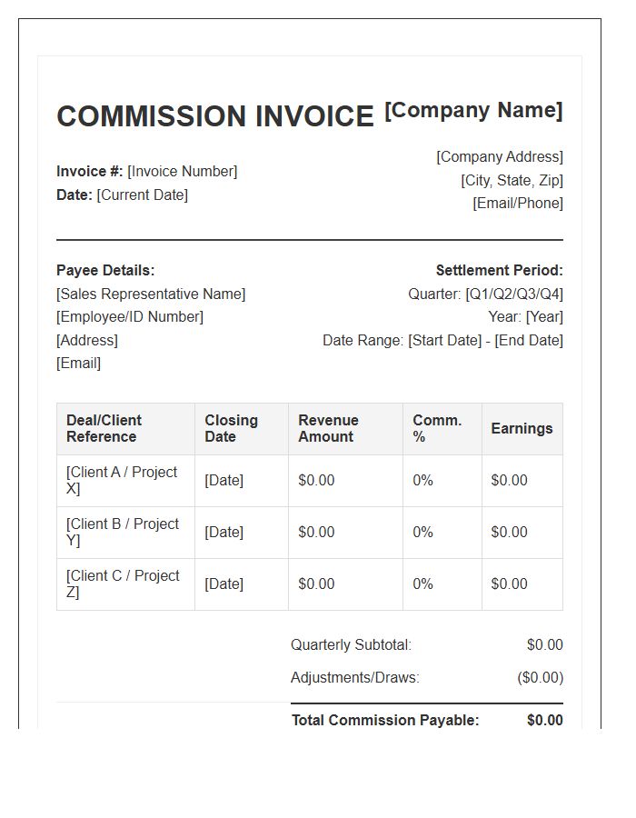 Quarterly Sales Commission Settlement Invoice Template