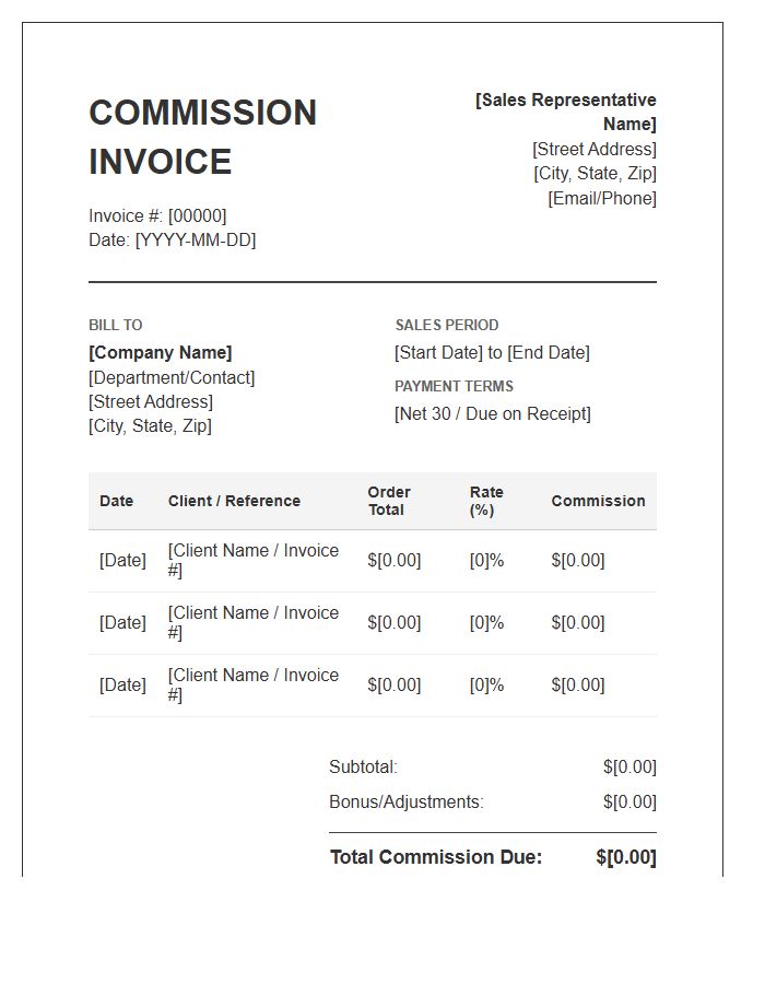 Sales Representative Commission Billing Invoice Template