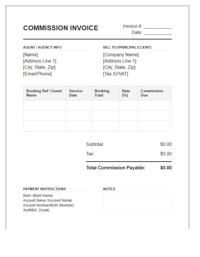 Booking Agent Commission Invoice Template