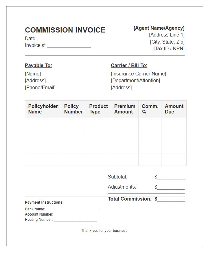 Insurance Agent Commission Invoice Template