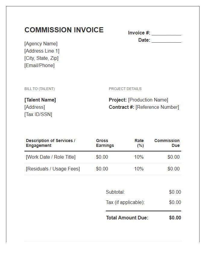 Talent Agent Commission Invoice Template