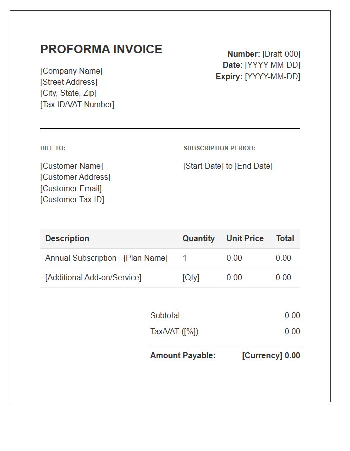 Annual Subscription Proforma Invoice Template