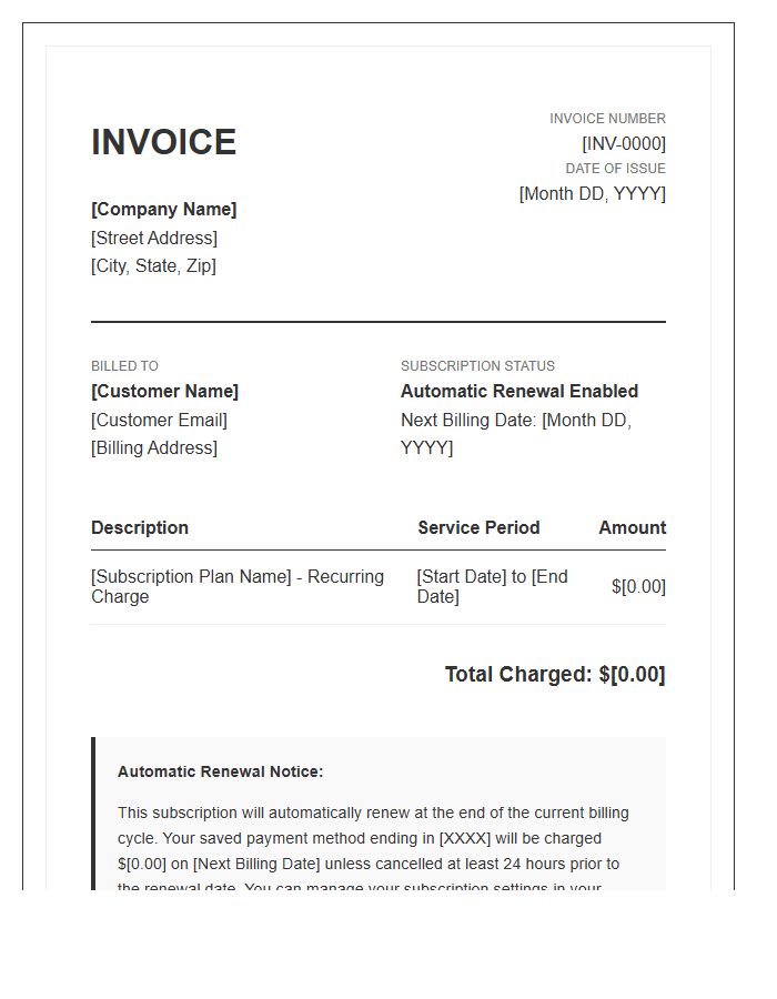 Automatic Renewal Subscription Invoice Template