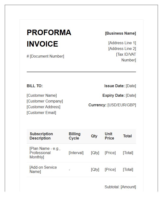 Business Subscription Proforma Invoice Template
