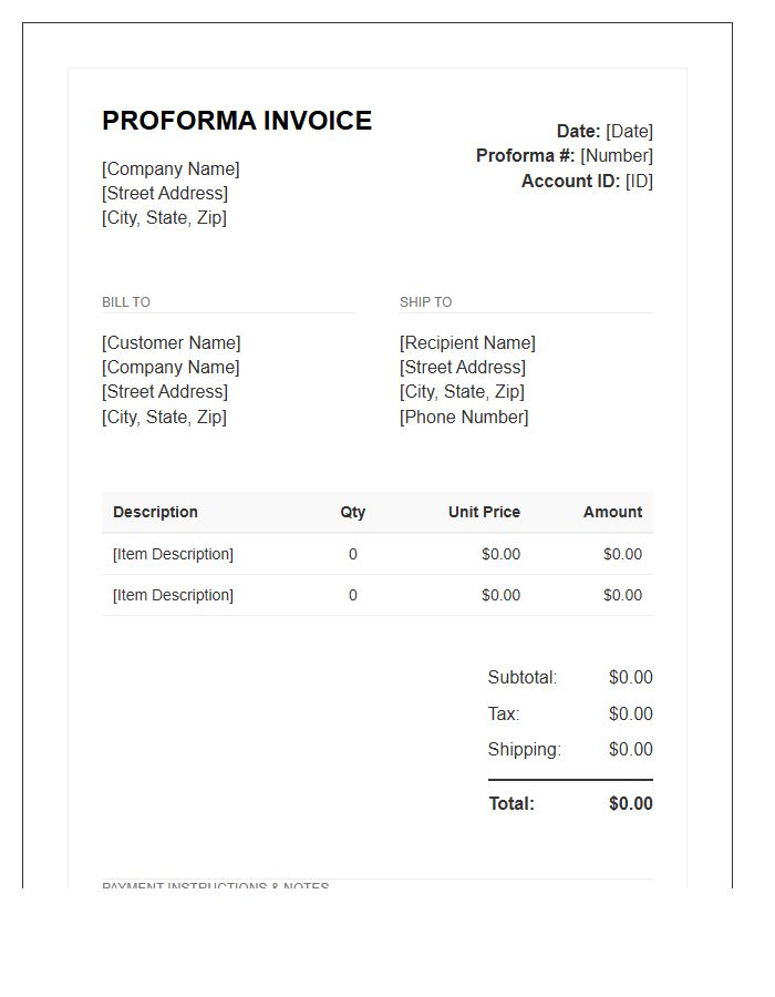 Customer Account Proforma Invoice Template