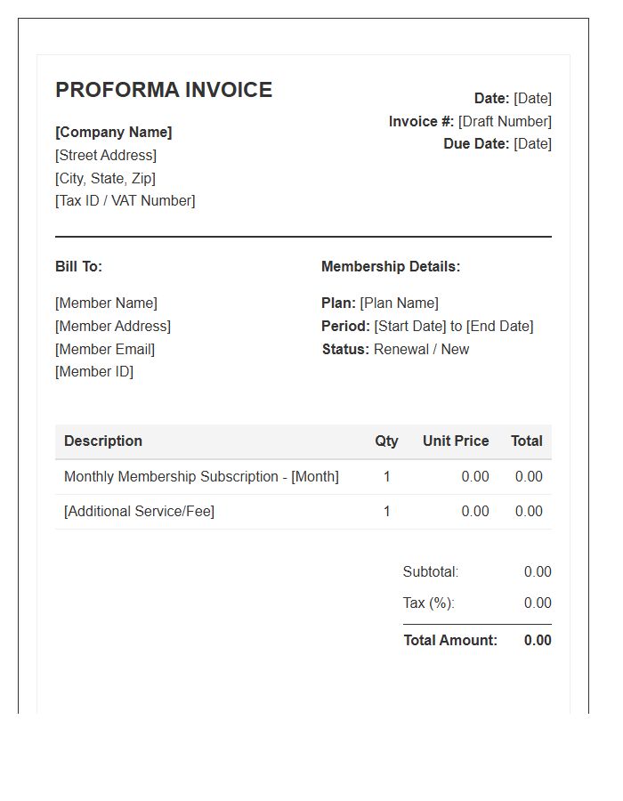 Monthly Membership Proforma Invoice Template