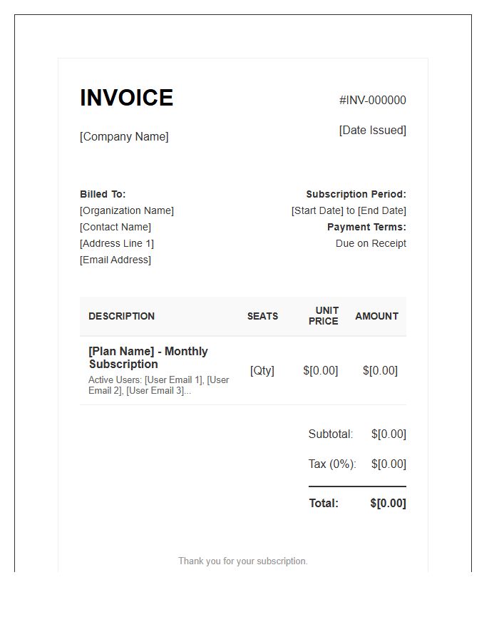 Multi User Subscription Invoice Template