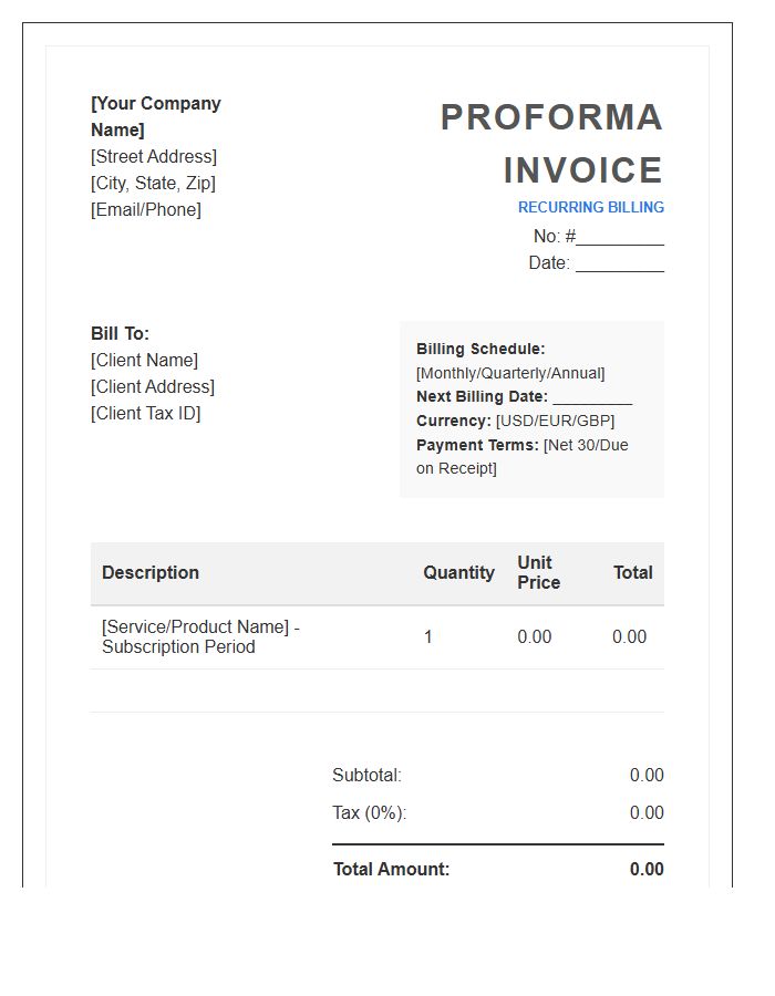 Standard Recurring Proforma Invoice Template