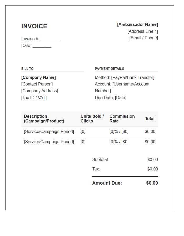 Brand Ambassador Commission Invoice Template