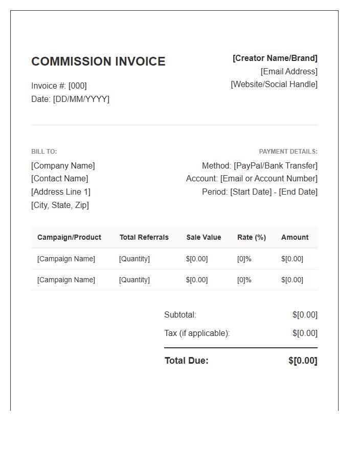 Content Creator Affiliate Commission Invoice Template