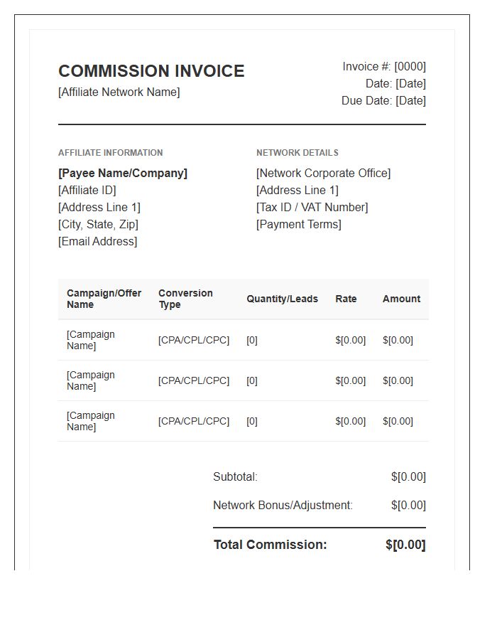 Corporate Affiliate Network Commission Invoice Template