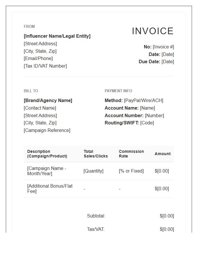 Influencer Marketing Program Commission Invoice Template