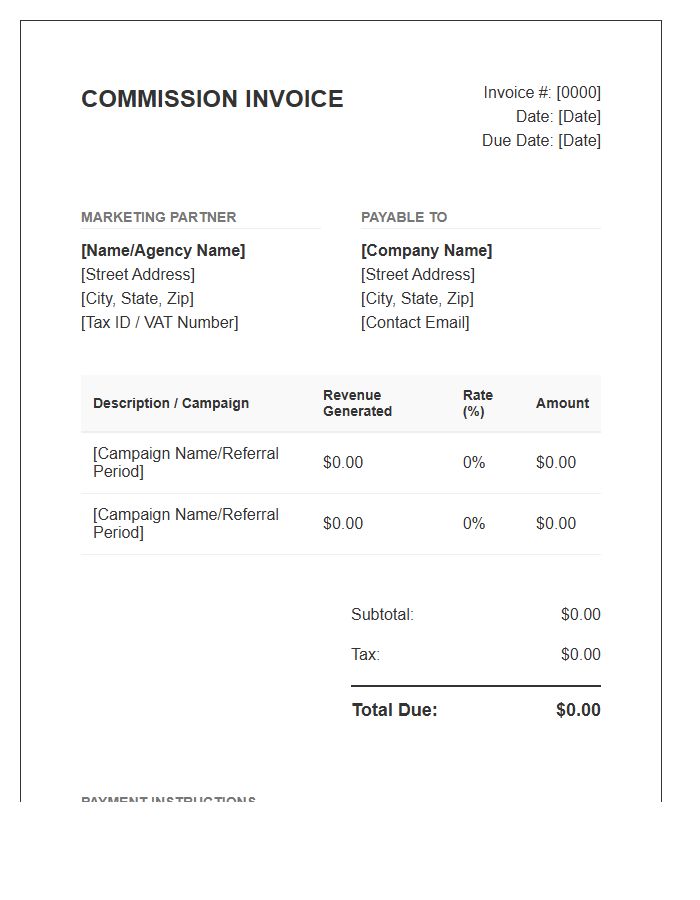Marketing Partner Commission Invoice Template