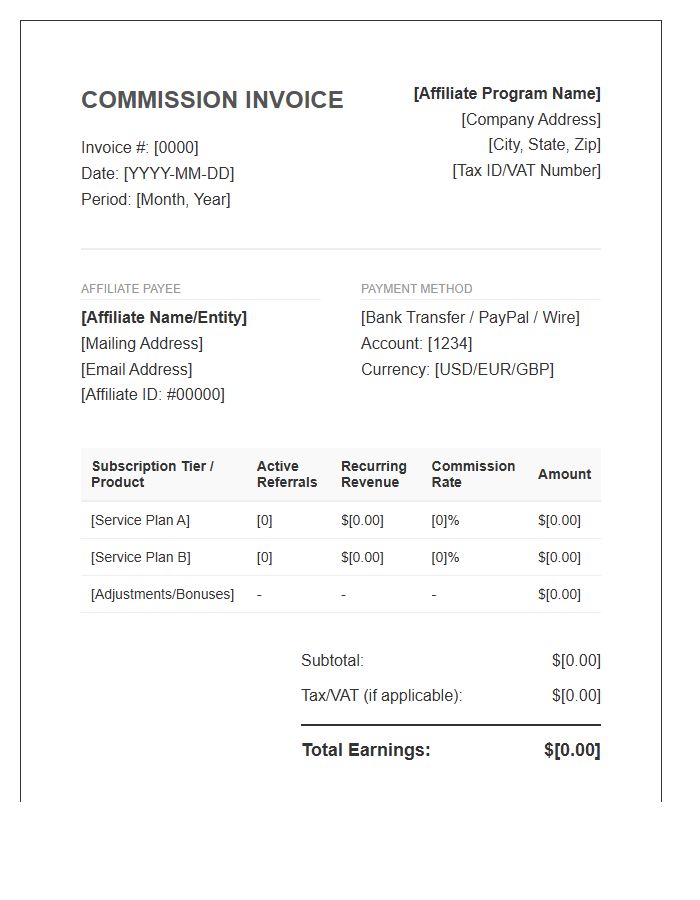 Monthly Recurring Affiliate Earnings Invoice Template