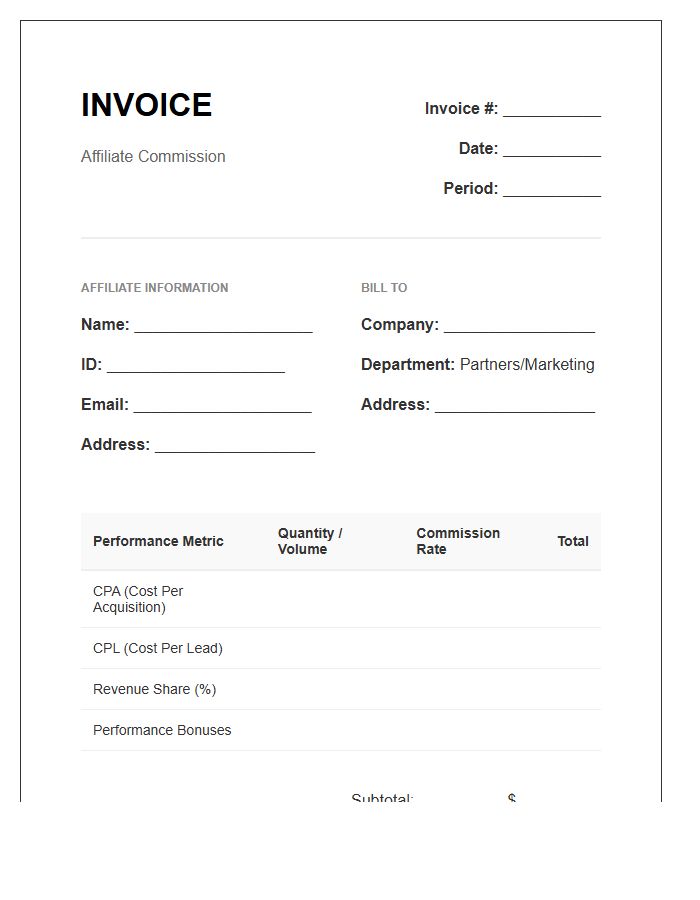 Performance Based Affiliate Commission Invoice Template