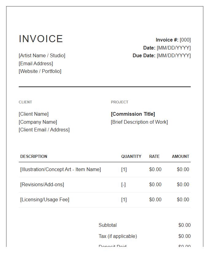 Fine Art Illustration Commission Invoice Template