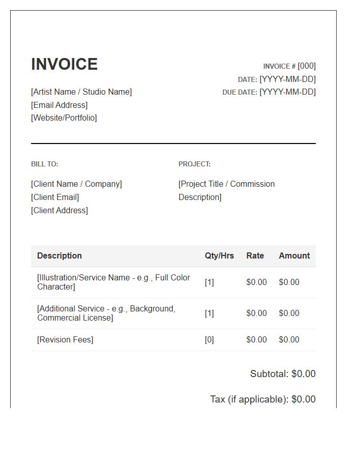 Independent Illustrator Commission Payment Invoice Template