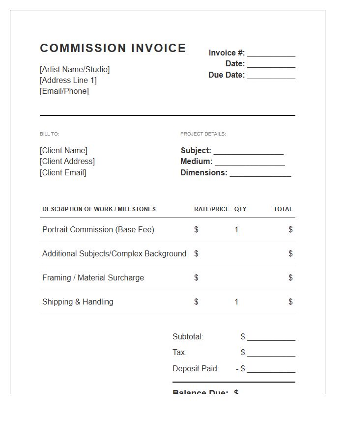 Portrait Artist Commission Billing Invoice Template