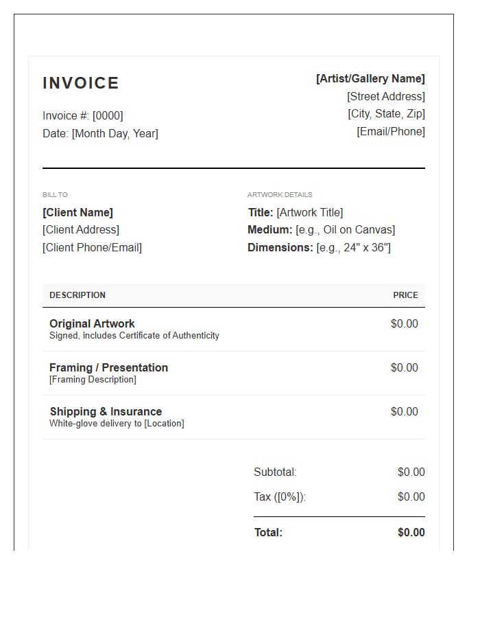 Professional Artwork Sales Commission Invoice Template