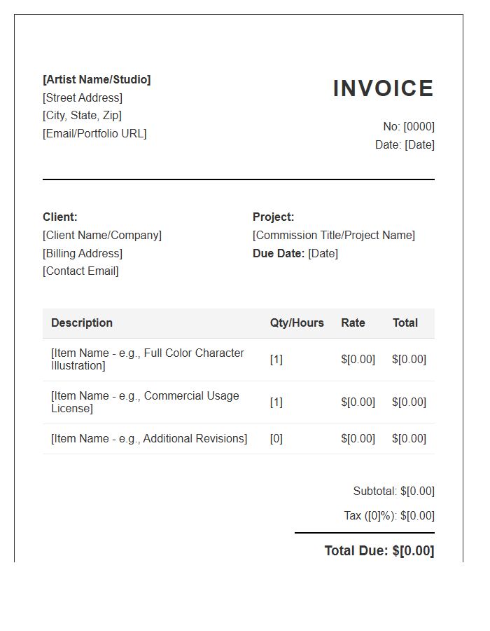 Professional Illustrator Art Commission Invoice Template