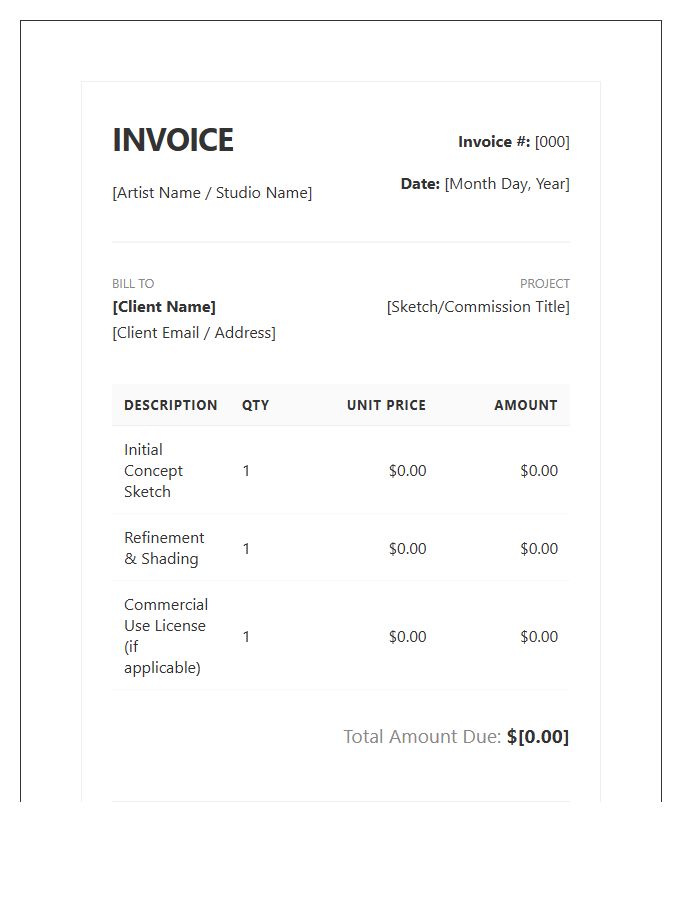 Professional Sketch Commission Service Invoice Template
