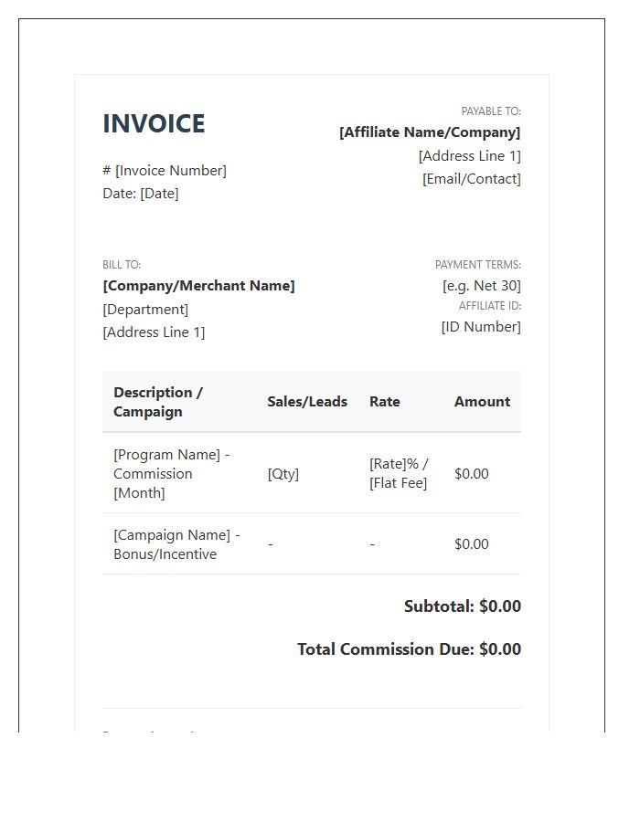 Affiliate Marketing Commission Invoice Template