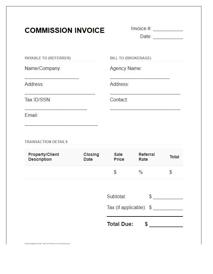Brokerage Commission Referral Invoice Template
