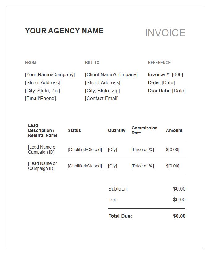 Lead Generation Referral Invoice Template