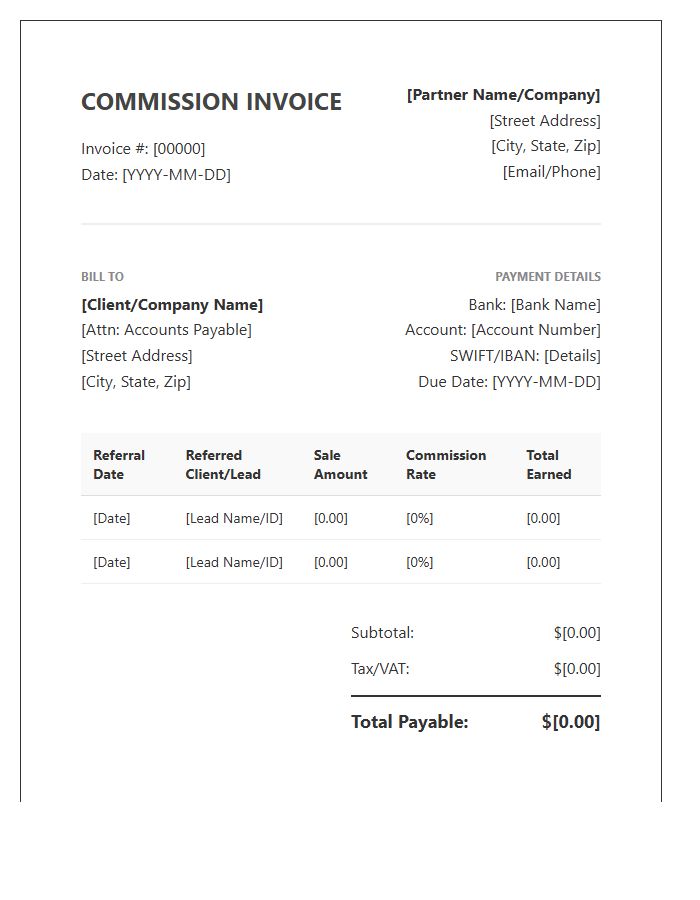 Partner Referral Commission Invoice Template