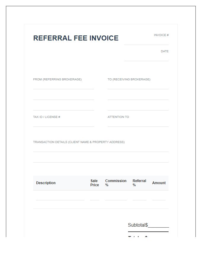 Real Estate Referral Fee Invoice Template