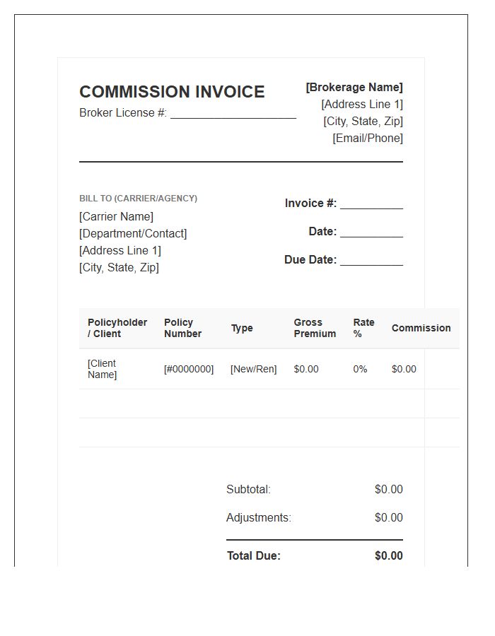Commercial Insurance Broker Commission Invoice Template
