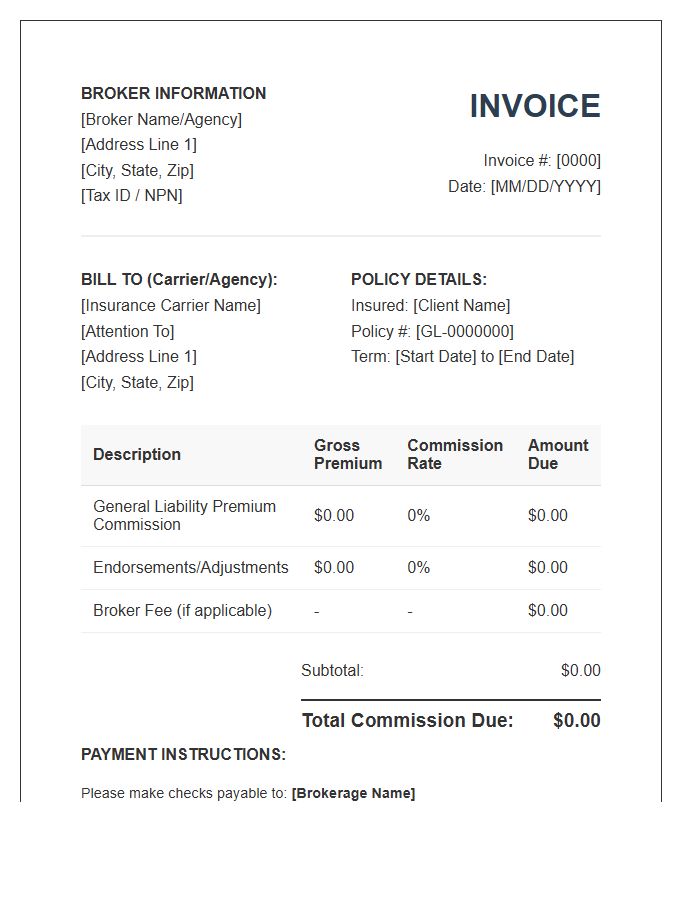 General Liability Insurance Broker Commission Invoice Template