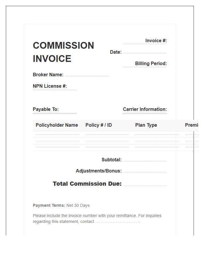 Health Insurance Broker Commission Invoice Template