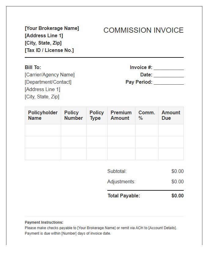 Independent Insurance Broker Commission Invoice Template