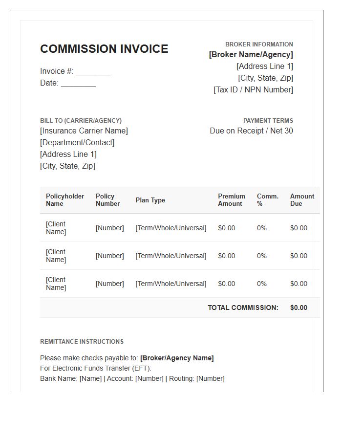 Life Insurance Broker Commission Invoice Template