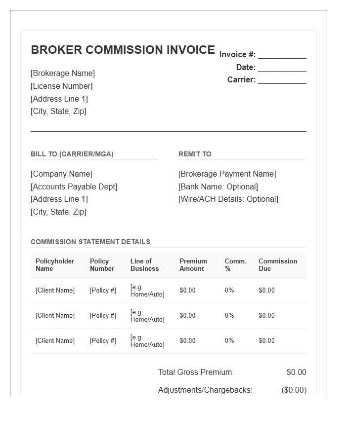 Personal Lines Insurance Broker Commission Invoice Template