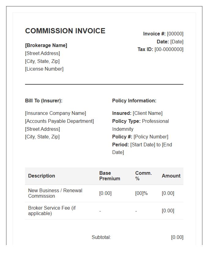 Professional Indemnity Insurance Broker Commission Invoice Template