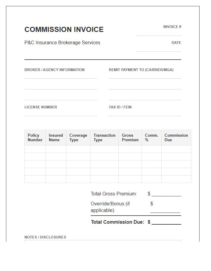 Property And Casualty Insurance Broker Commission Invoice Template