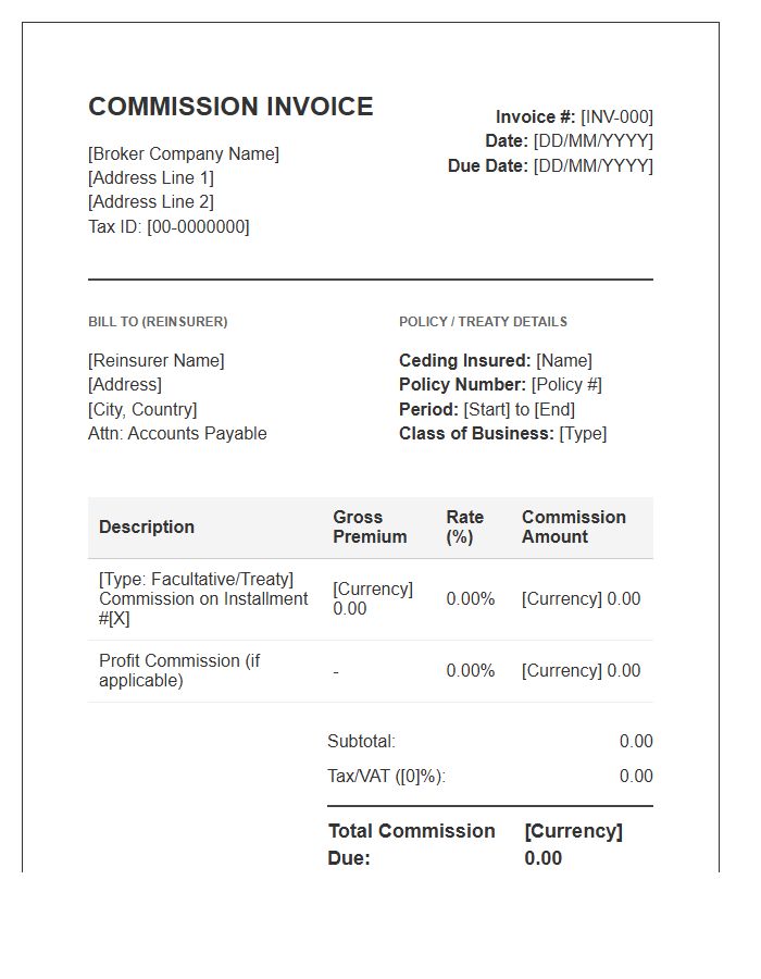 Reinsurance Broker Commission Invoice Template