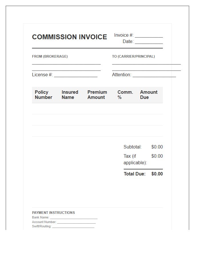 Retail Insurance Broker Commission Invoice Template