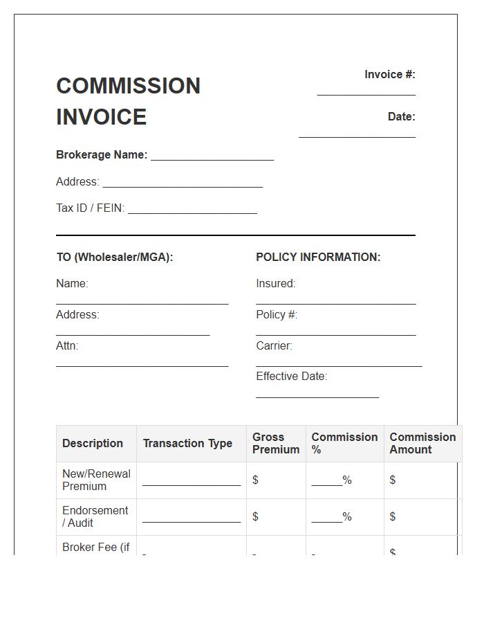 Wholesale Insurance Broker Commission Invoice Template