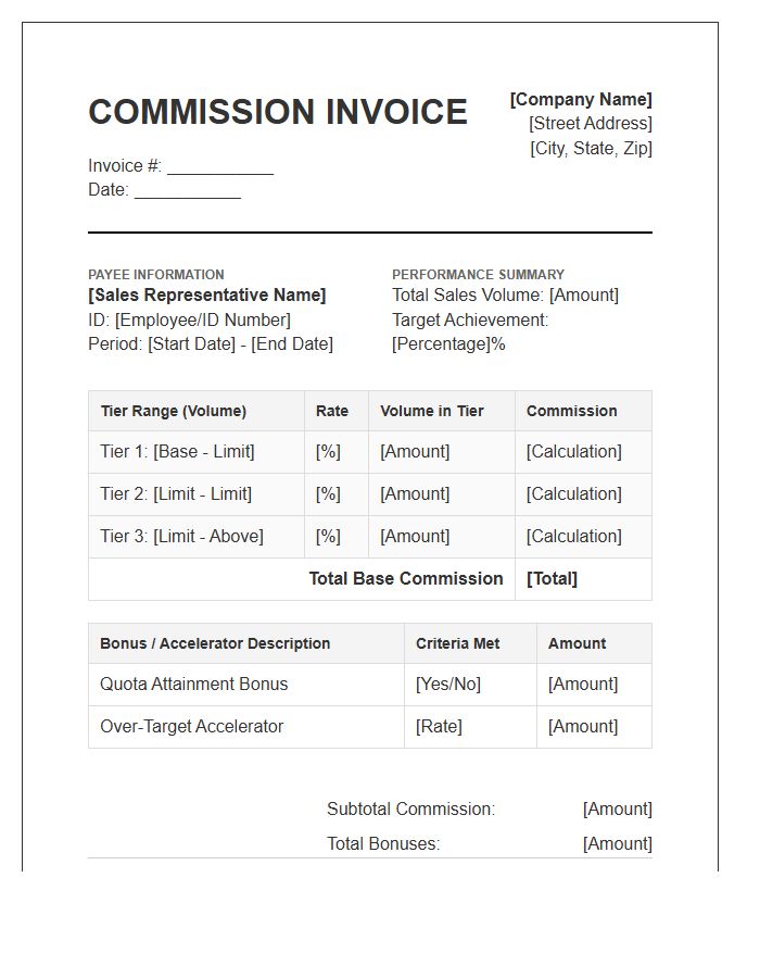 Tiered Target Commission Invoice Template