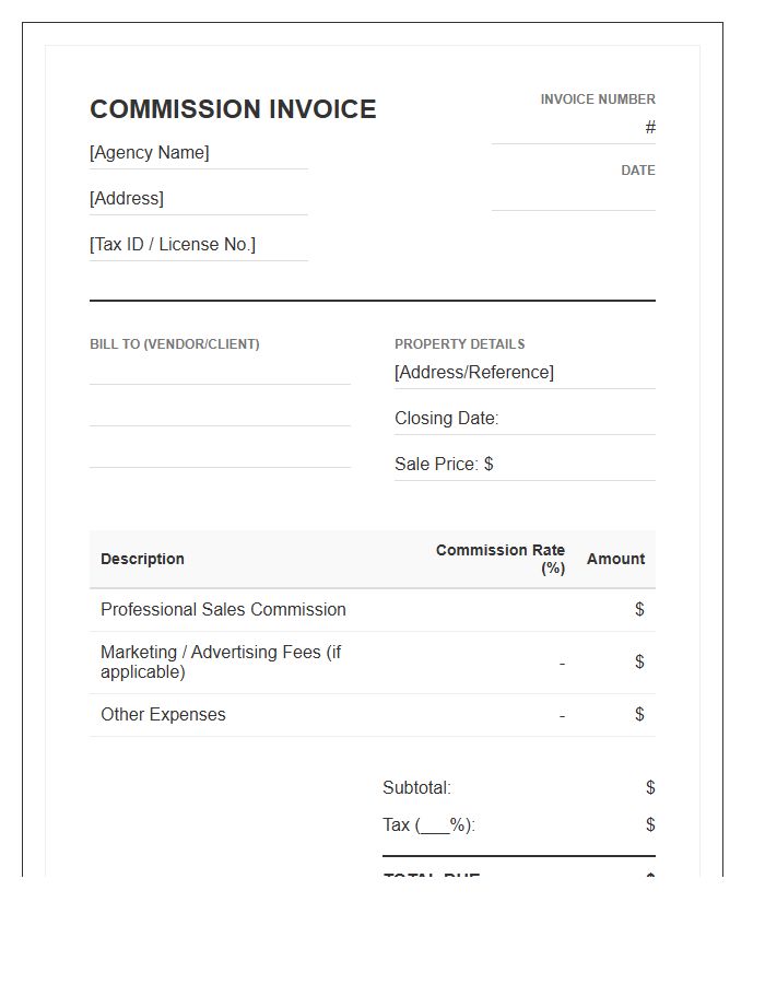Business Property Sales Commission Invoice Template
