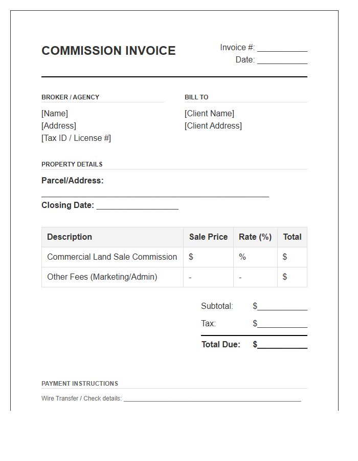 Commercial Land Sale Commission Invoice Template