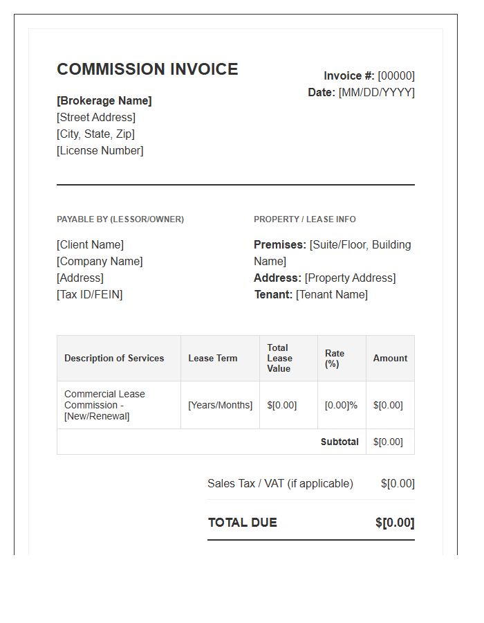 Commercial Office Space Lease Commission Invoice Template